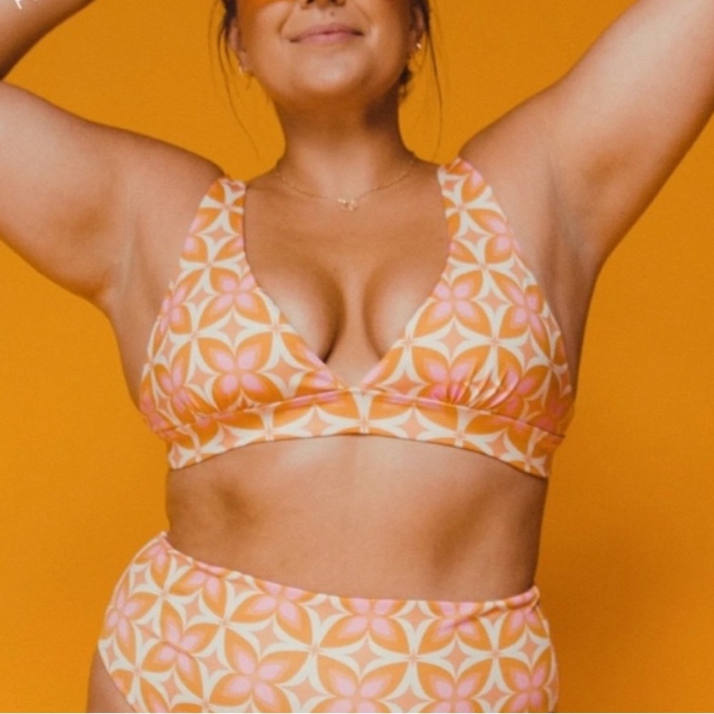 Floral Retro V-Neck Bikini Top & High Waist Bottoms - Pink & Orange